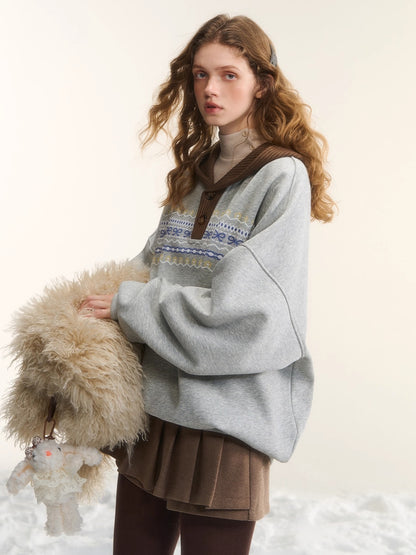 Contrast Patchwork Hooded Fleece Sweatshirt