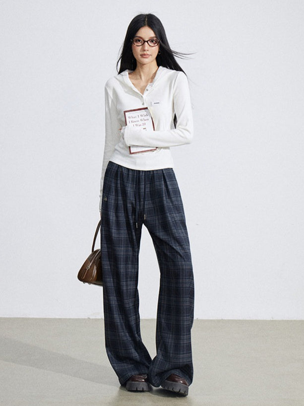 Elastic Waist Plaid Panel Wide-Leg Trousers