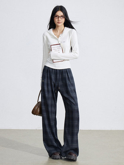 Elastic Waist Plaid Panel Wide-Leg Trousers