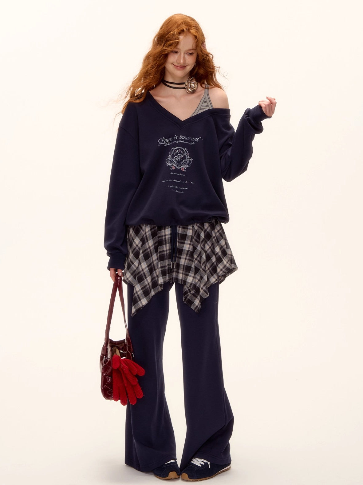 Asymmetric Shoulder Striped Fleece Tracksuit Set