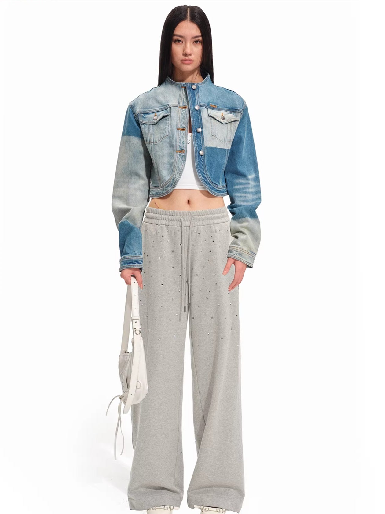 Equestrian Contrast Panel Washed Denim Jacket