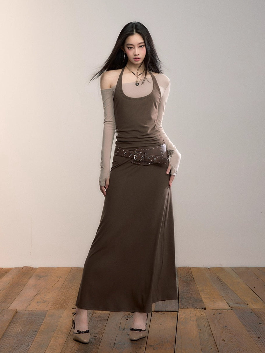 Contrast-Panel Off-Shoulder Layered Maxi Dress