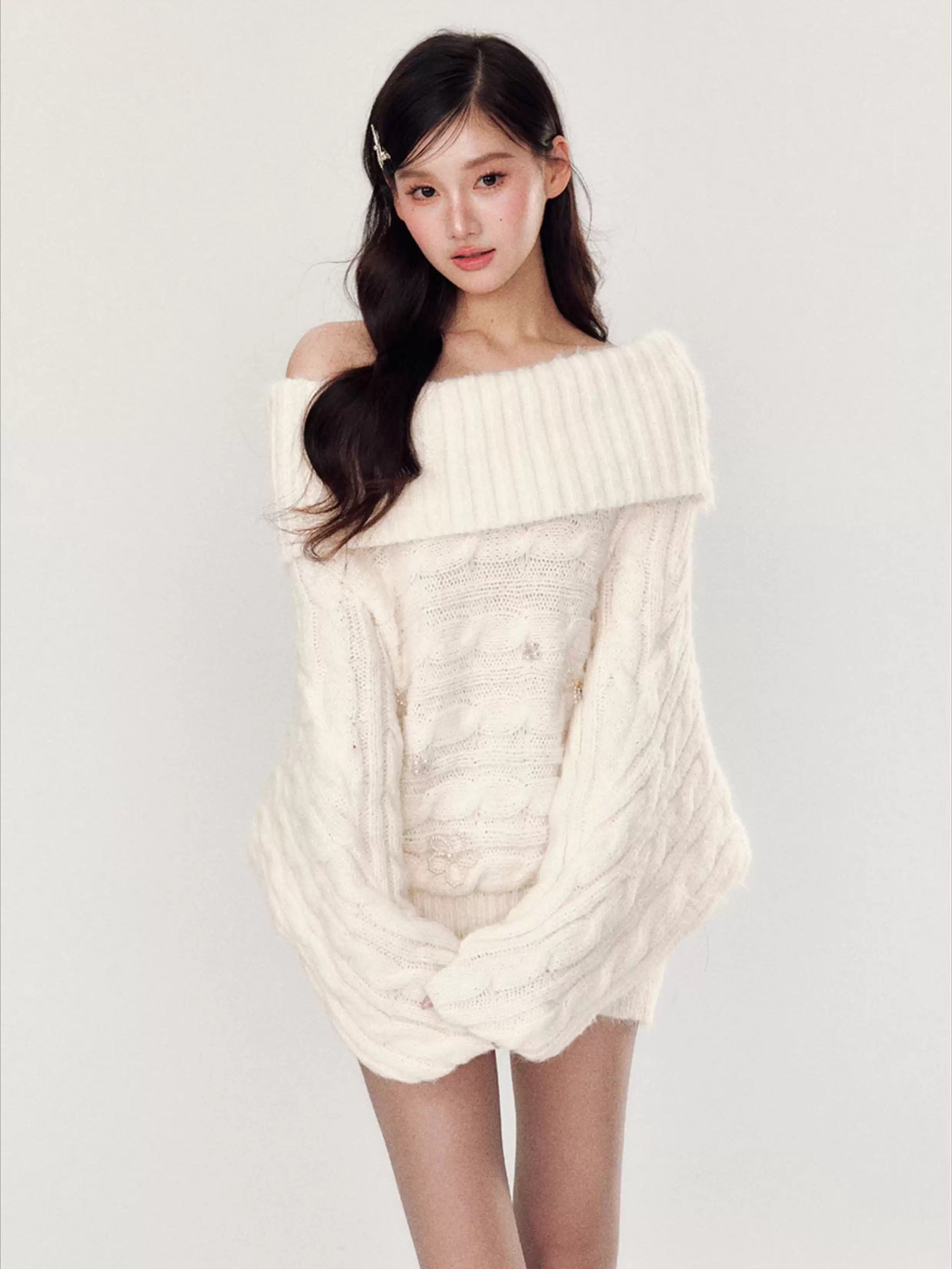 Hand-Embellished Beaded Off-Shoulder Knit Sweater