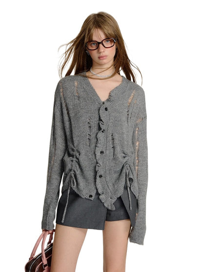 Gray Ruched Knit Cardigan