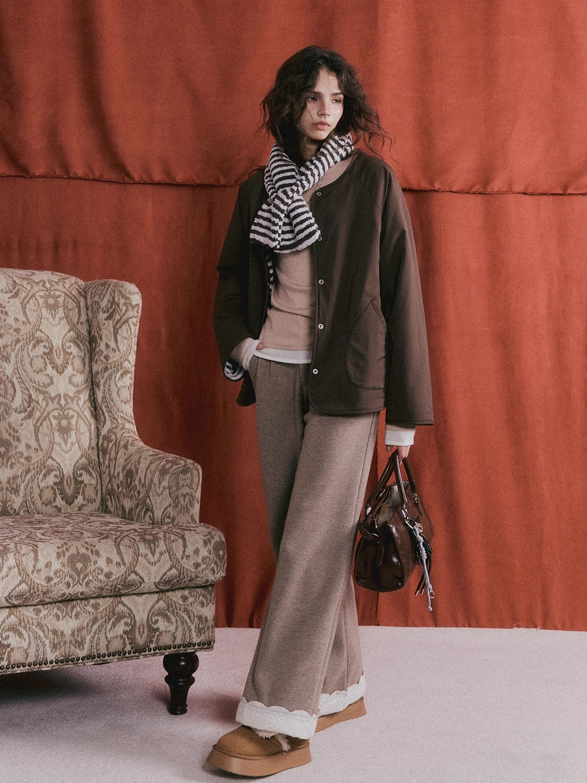 Embroidered Hem Wool Blend Wide-Leg Trousers