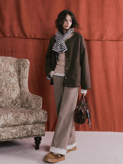 Embroidered Hem Wool Blend Wide-Leg Trousers