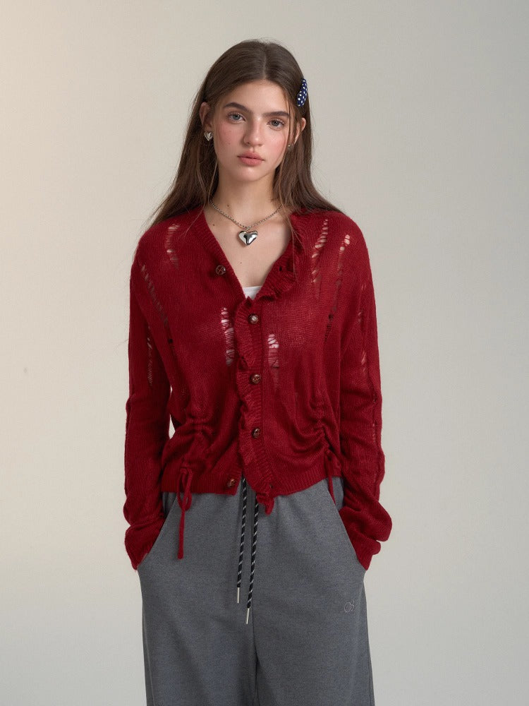 Red Pleated Knit Cardigan