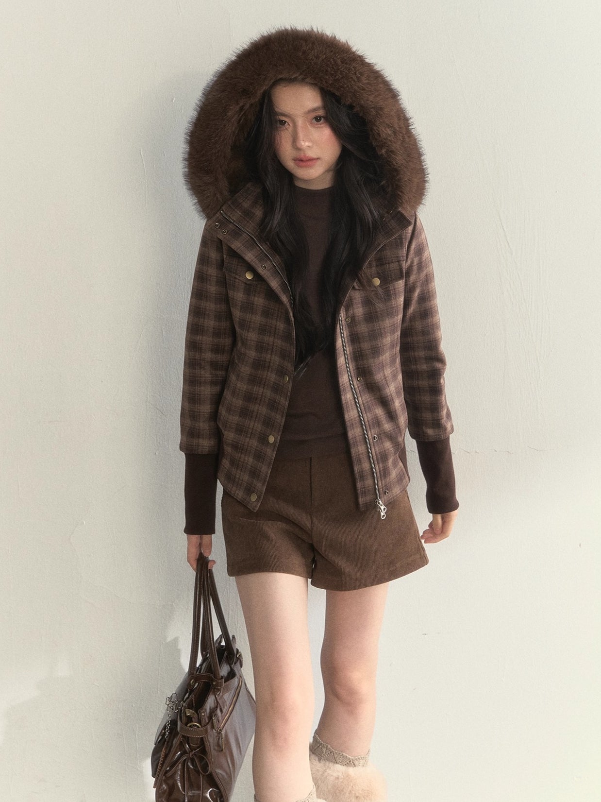 Fleece-Lined Faux Fur Collar Hooded Jacket