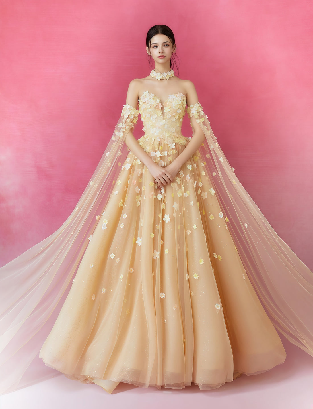 Champagne Floral Embroidered Tulle Ball Gown with Cape