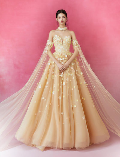 Champagne Floral Embroidered Tulle Ball Gown with Cape