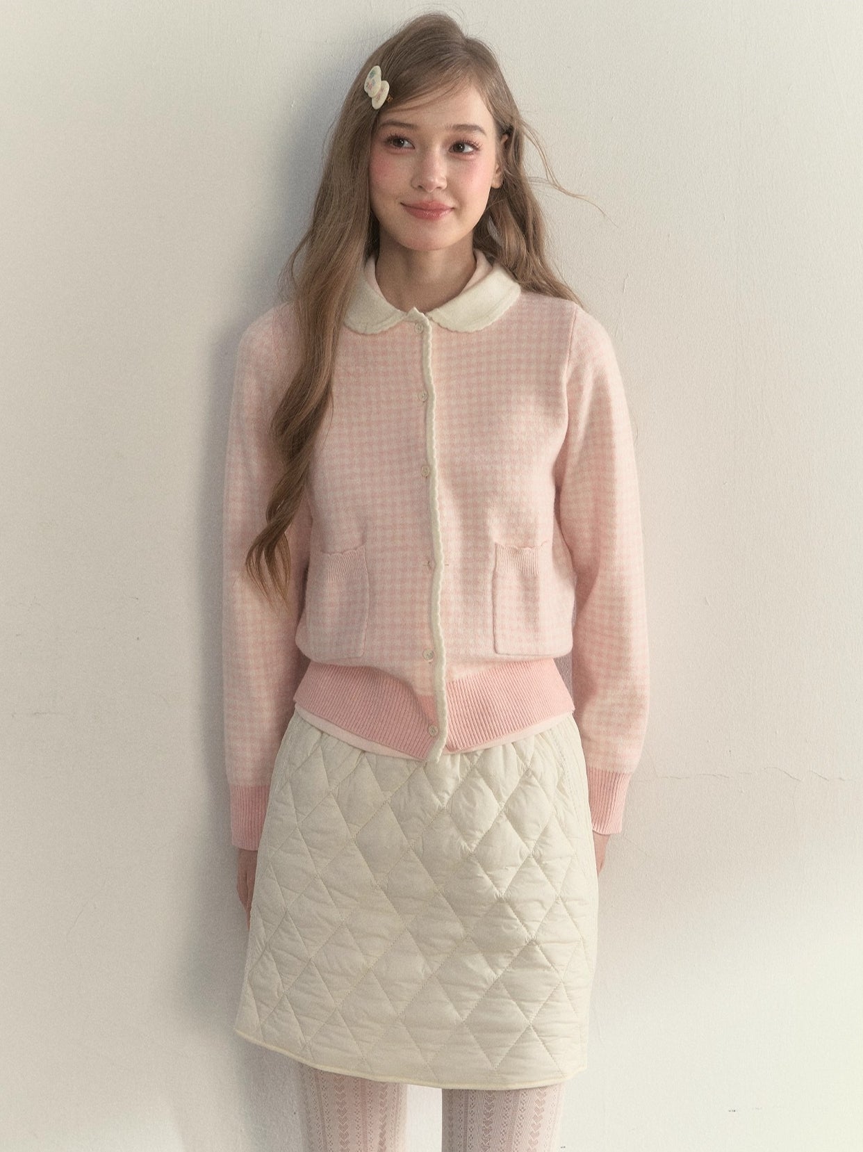 Sweet Pink Gingham Doll Collar Knit Cardigan