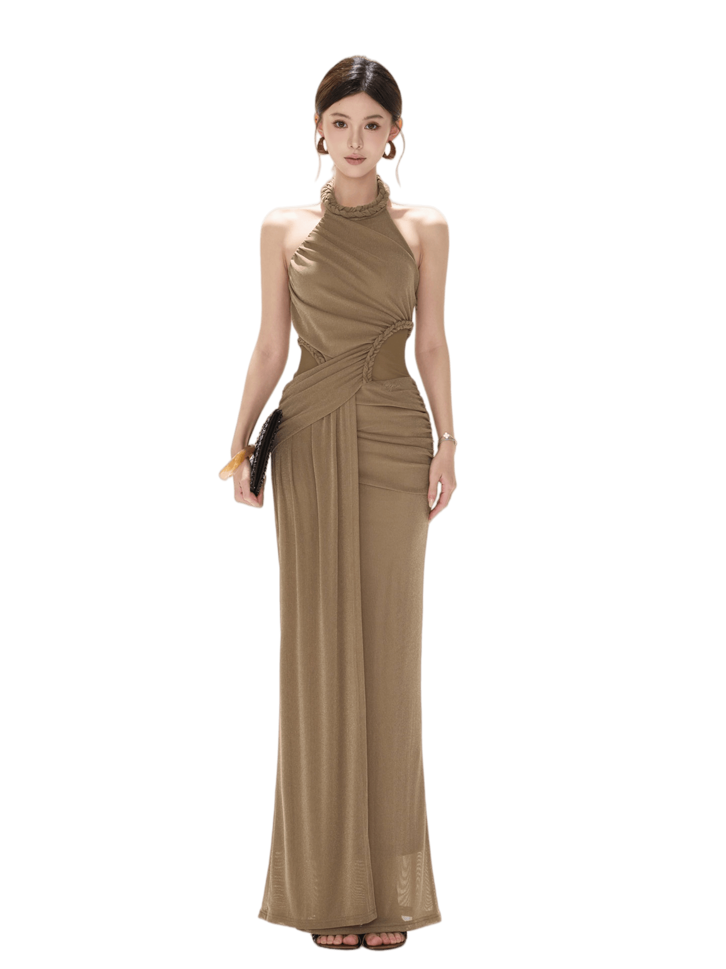Elegant Ruched Mesh Halter Evening Dress