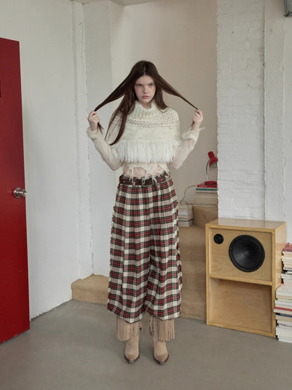 Cable Knit Fringed High-Neck Wool Blend Poncho