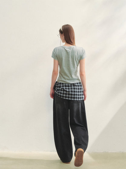Checked Panel Tie-Waist Jeans - CHINASQUAD