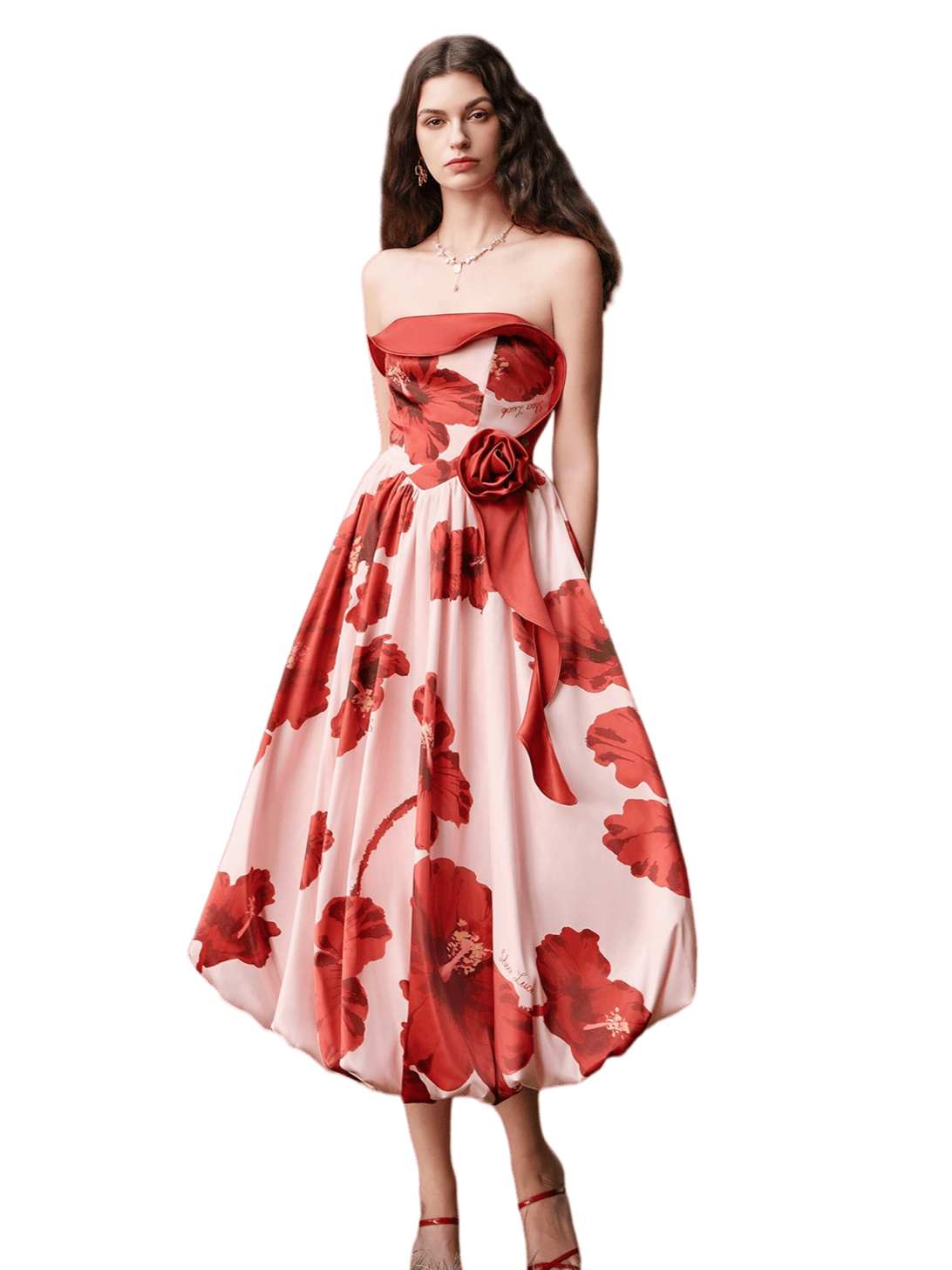 Satin Floral Bubble Hem Strapless Dress