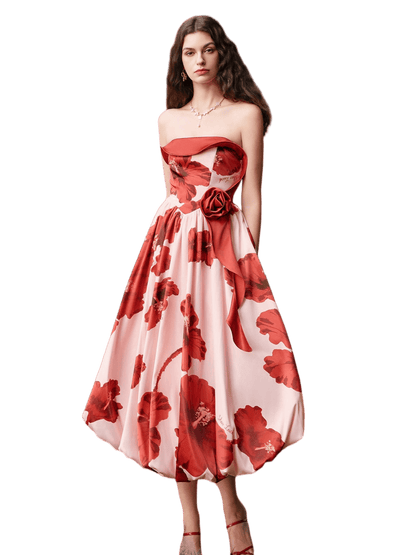 Satin Floral Bubble Hem Strapless Dress