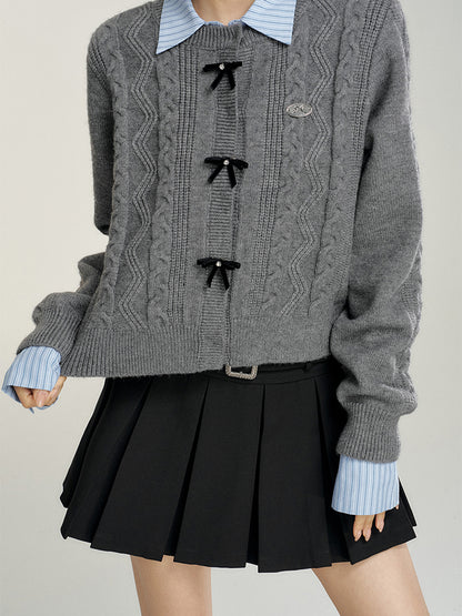 Bowknot Cable-Knit Round Neck Sweater