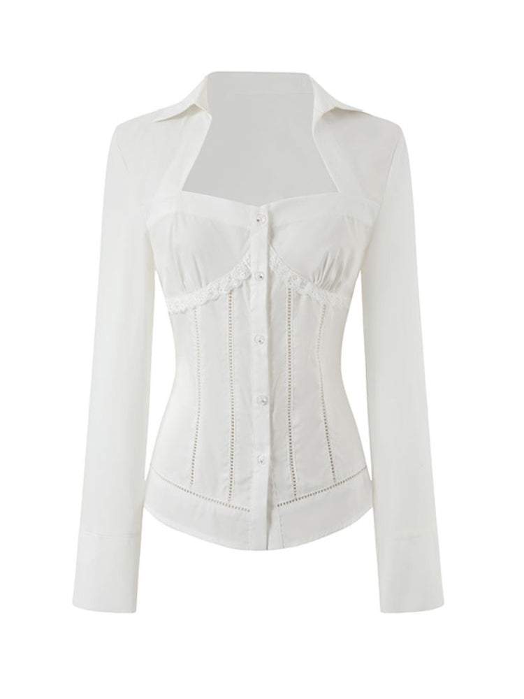 White Lace Slim-Fit Long-Sleeve Shirt - CHINASQUAD
