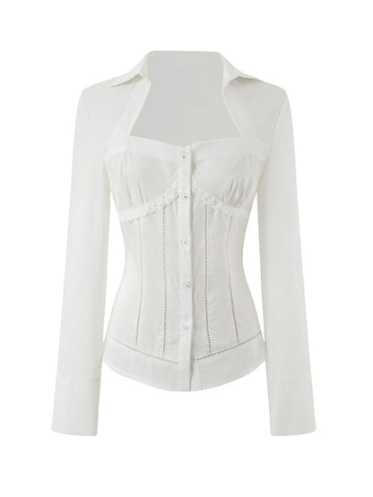 White Lace Slim-Fit Long-Sleeve Shirt - CHINASQUAD