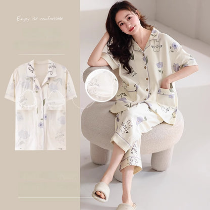 Cute Short-sleeved Cotton Home Loungewear Set