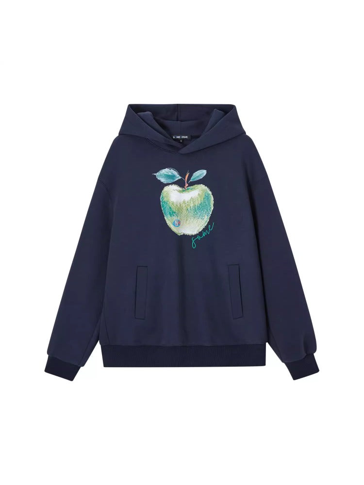 Light Gray &amp; Navy Blue Green Apple Print  Hoodie