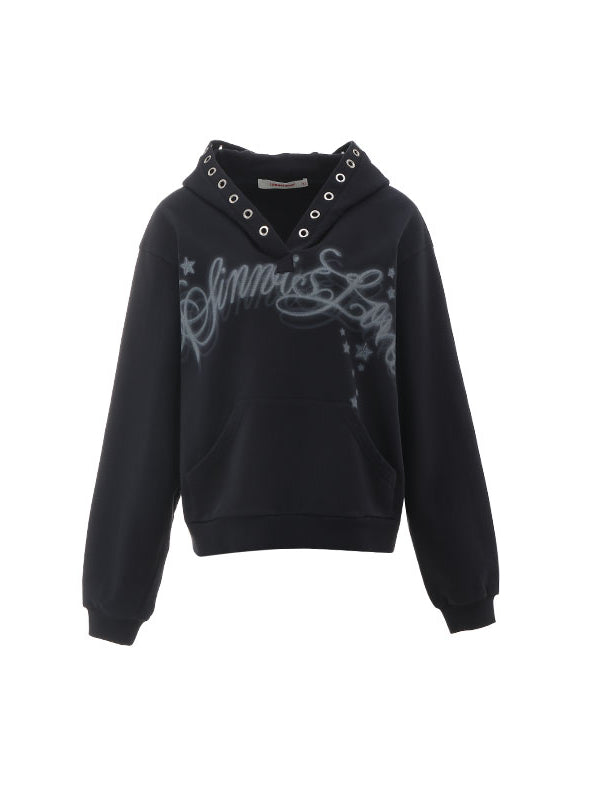 Loose Hooded Eyelet Print Sweatshirt