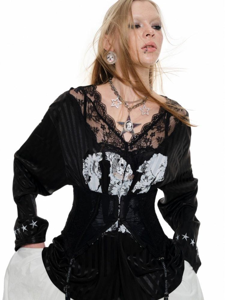 Black &amp; White Lace-trimmed V-neck Satin Jersey