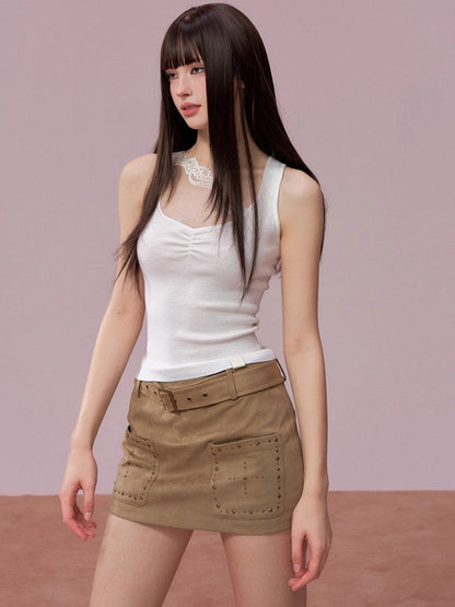 Studded Belted A-Line Mini Skirt