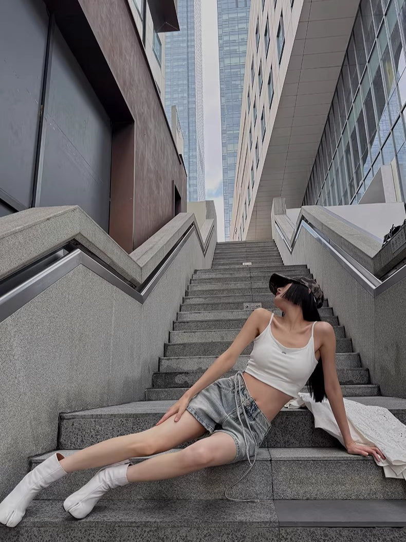 Tie-Waist Raw-Edge Vintage Denim Shorts