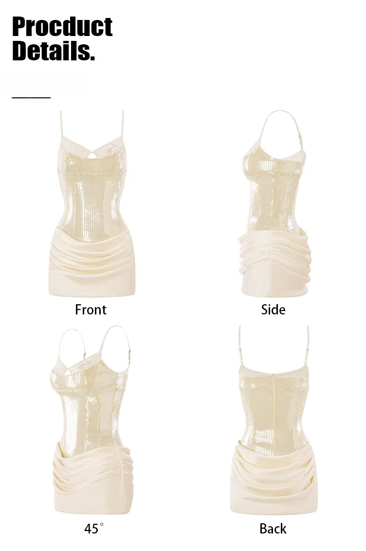 Champagne Sequin Satin Panelled Slip Dress