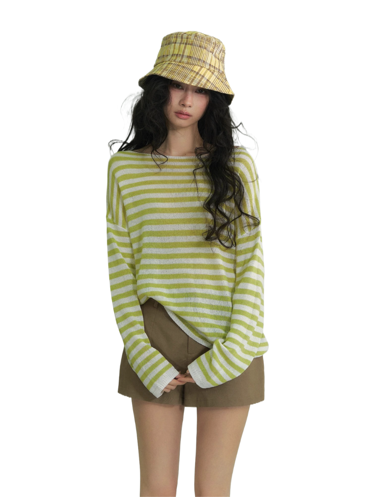 Washi Yarn Striped Off-Shoulder Long Sleeve Knit Top