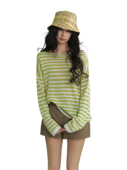 Washi Yarn Striped Off-Shoulder Long Sleeve Knit Top