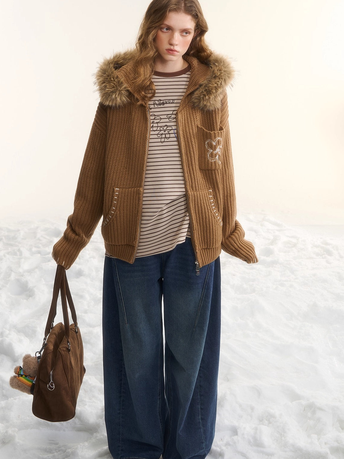 Embroidered Knit Zip-Up Hoodie Cardigan