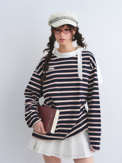 Contrast Tie Collar Striped Relaxed Long Sleeve T-Shirt