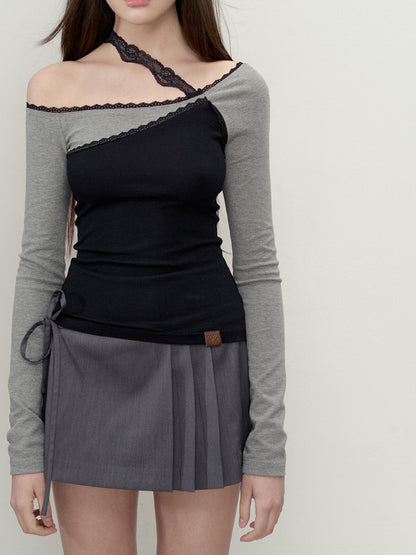 Lace Patchwork Colorblock Long Sleeve T-shirt