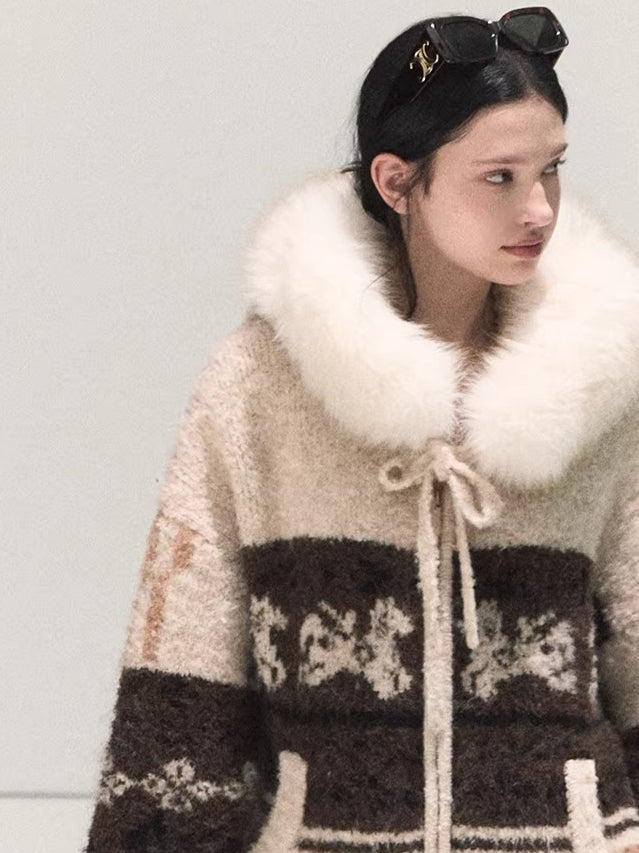 Detachable Fur-Collar Wool Hooded Cardigan