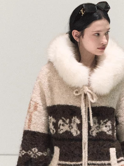 Detachable Fur-Collar Wool Hooded Cardigan