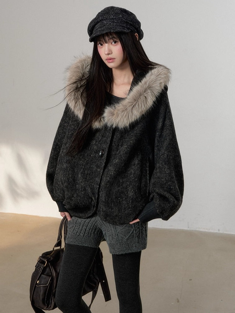 Fur Collar Wool-Blend Batwing Cape
