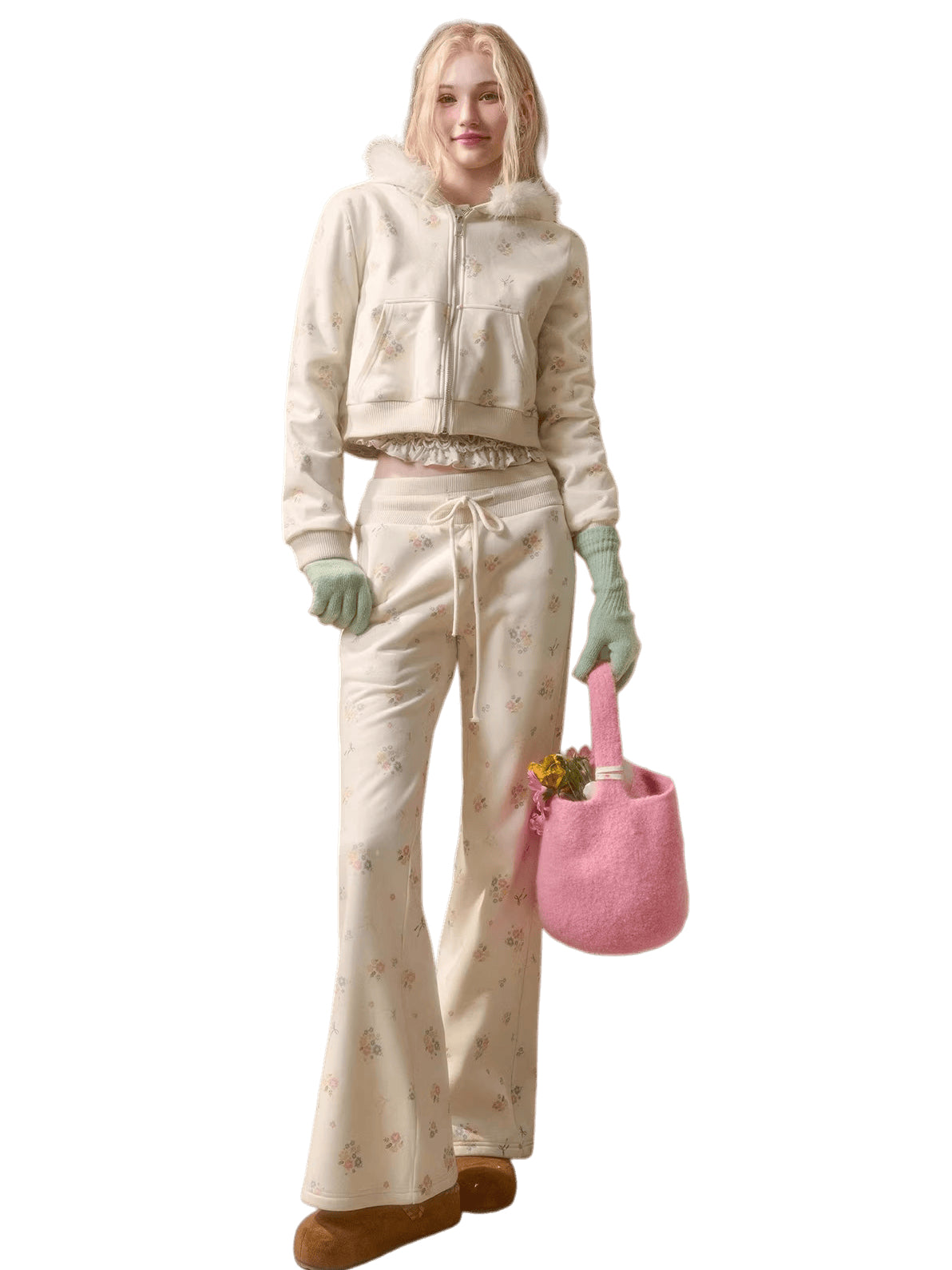 Floral-Trim Hoodie Jacket Set