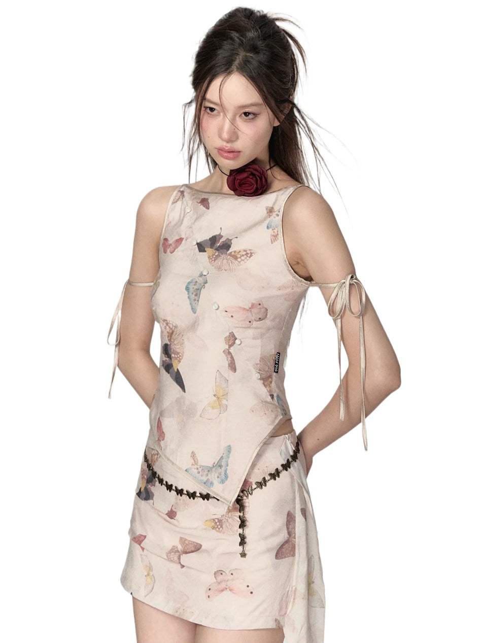 Butterfly Print Tank Top &amp; Skirt Set - CHINASQUAD