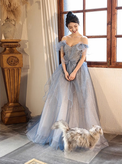 Cinderella Sheer Glitter Tulle Off-Shoulder Gown