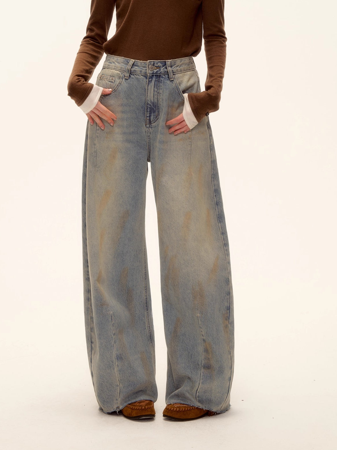 Vintage Washed Distressed Wide-Leg Denim Pants