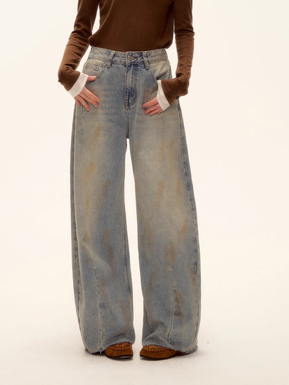 Vintage Washed Distressed Wide-Leg Denim Pants