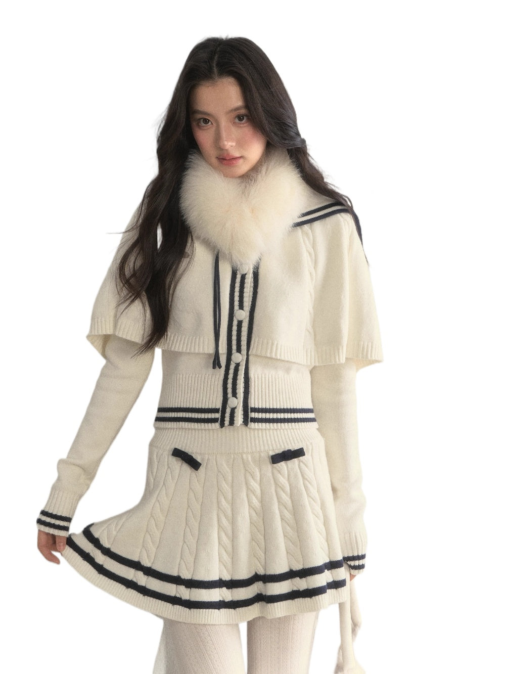 Nautical Cable-Knit Vintage Cape &amp; Skirt Set