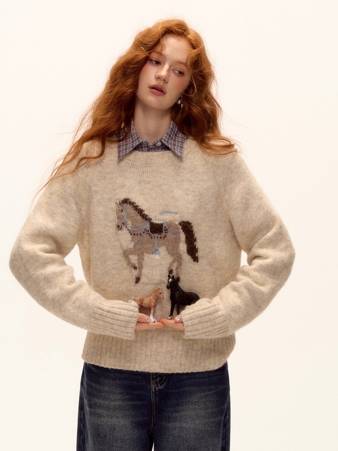 Wool Blend Horse Jacquard Embroidered Sweater