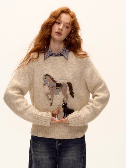 Wool Blend Horse Jacquard Embroidered Sweater