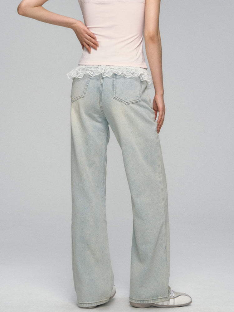 Lace-Trimmed Washed Straight-Leg Jeans Set - CHINASQUAD