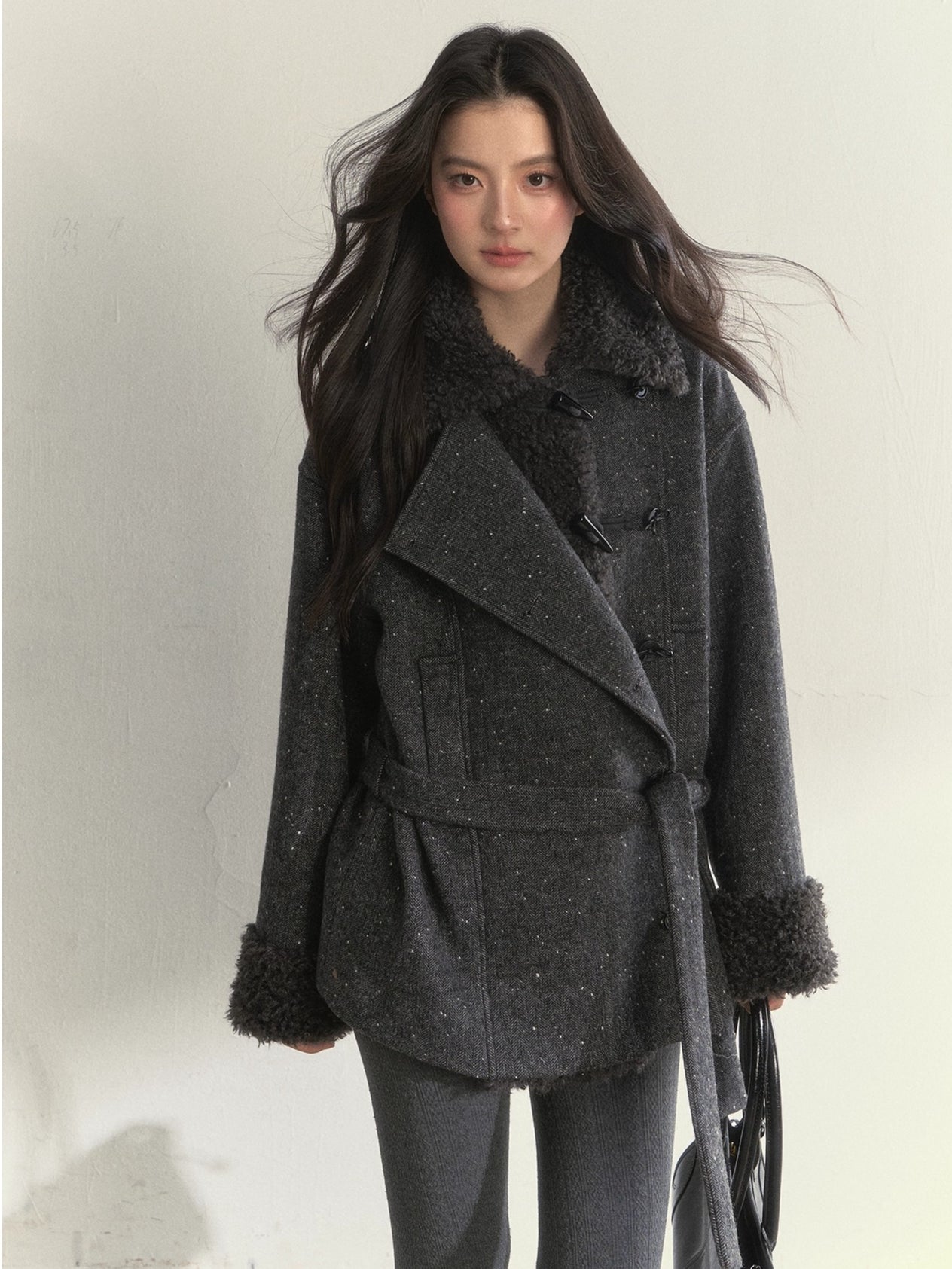 Deep Grey &amp; Brown Wool Blend Fleece-Collar Coat