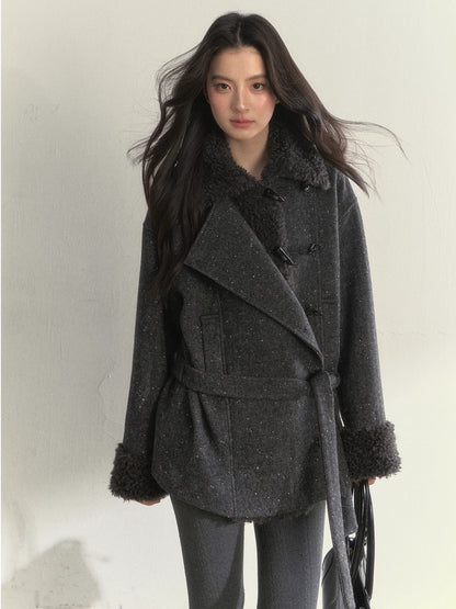 Deep Grey &amp; Brown Wool Blend Fleece-Collar Coat