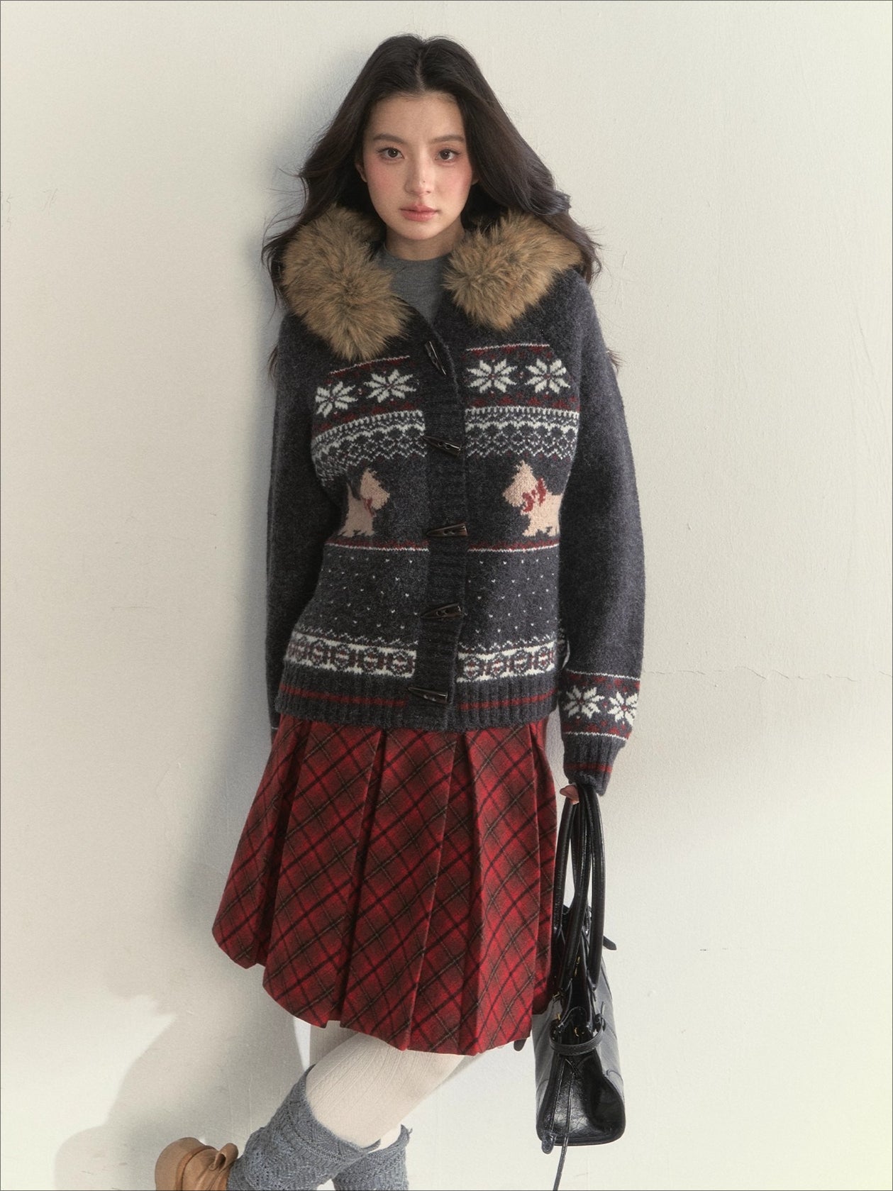 Charcoal Fair Isle Puppy Faux Fur Collar Knit Jacket